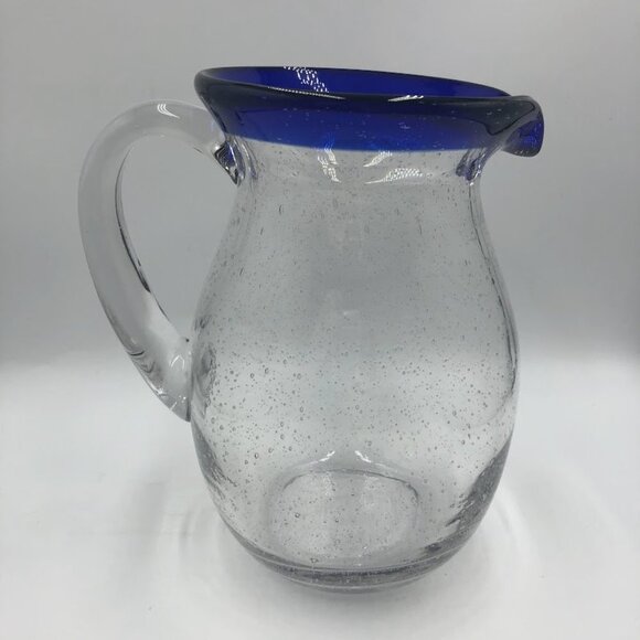 Cobalt Blue Rim Handblown Glass Pitcher With Handle Kitchen Drinkware - Picture 7 of 13